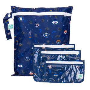 Bumkins Wet Bag + Clear Travel Bag 3-Pack Set in Evil Eye: 1 large, 2 small zippered pouches for organized travel.