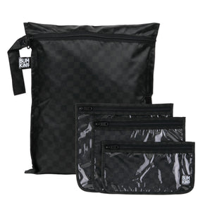Bumkins Wet Bag + Clear Travel Bag 3 Pack Set: Rich Black—ideal for travel and waterproof storage.