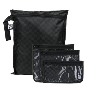 Bumkins Wet Bag + Clear Travel Bag 3 Pack Set: Rich Black—ideal for travel and waterproof storage.