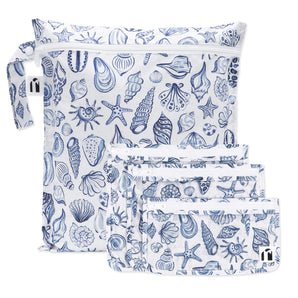 Roamio by Bumkins The Commuter Essential 4-Piece Set: Shells—4 white waterproof bags with blue shell designs and zipper closures.