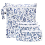 Roamio by Bumkins The Commuter Essential 4-Piece Set: Shells—4 white waterproof bags with blue shell designs and zipper closures.