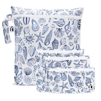 Roamio by Bumkins The Commuter Essential 4-Piece Set: Shells—4 white waterproof bags with blue shell designs and zipper closures.