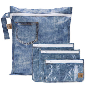 Roamio by Bumkins The Commuter Essential 4-Piece Set: Denim on Denim—4 zippered bags made of denim patterned waterproof fabric.