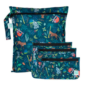 Bumkins Wet Bag + Clear Travel Bag 3 Pack Set: Jungle—ideal for travel, organization, and keeping items protected.