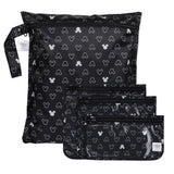 Bumkins The Chaos Coordinator Essential 4-Piece Set: Mickey Mouse Icon Black + White—4 black waterproof bags with white Mickey Mouse designs.