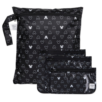 Bumkins The Chaos Coordinator Essential 4-Piece Set: Mickey Mouse Icon Black + White—4 black waterproof bags with white Mickey Mouse designs.
