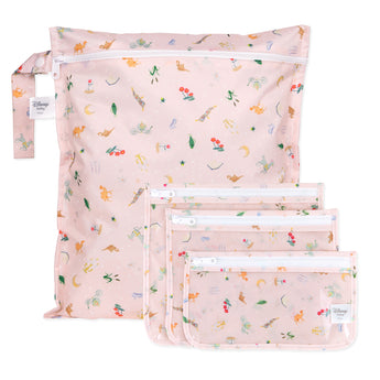 Bumkins The Chaos Coordinator Essential 4-Piece Set: Princess Magic includes 4 pink waterproof bags with a princess icon motif.