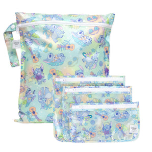 Bumkins Wet Bag + Clear Travel Bag 3 Pack Set: Disney Aloha Stitch—fun, reusable bags for organized travel in tropical style.