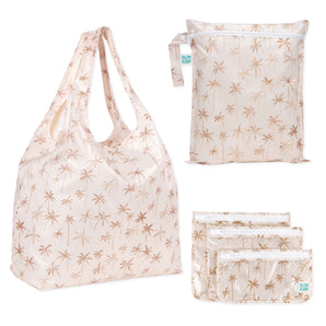 Bumkins Palm Daze Wet Bag + Clear Travel Bag 3 Pack + Packable Tote—stylish reusable bags for travel and organization.