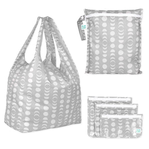 Bumkins Lunar Phase set: Wet Bag, 3 Clear Travel Bags, and a Packable Tote—stylish, reusable travel essentials.