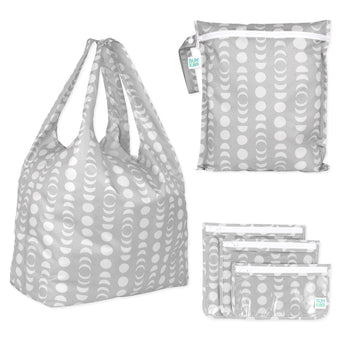 Bumkins Lunar Phase set: Wet Bag, 3 Clear Travel Bags, and a Packable Tote—stylish, reusable travel essentials.