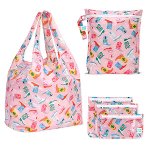 Bumkins Wet Bag + Clear Travel Bag 3 Pack + Packable Tote Set: Boots, with colorful prints on light pink.