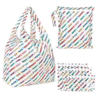 Bumkins The Playdate Planner Deluxe 5-Piece Set: Mickey & Friends Varsity—5 white waterproof bags with a colorful character name pattern.
