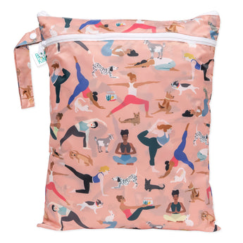 Bumkins Wet/Dry Bag: Yoga Pals features peach, waterproof fabric with illustrations of people and animals in yoga poses.