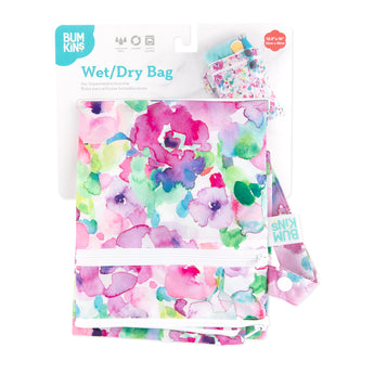 Bumkins Wet/Dry Bag: Watercolor is made from waterproof fabric with colorful flower patterns and includes a matching pouch.