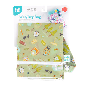 Bumkins Wet/Dry Bag: Camp Gear has tents, trees prints and a colorful inner snap pouch with waterproof fabric.