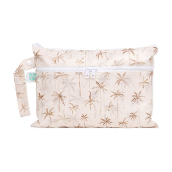 Bumkins Wet/Dry Clutch: Palm Daze: Beige waterproof fabric with a palm tree print, zipper closure, and side handle loop.