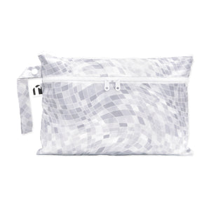 Roamio by Bumkins Wet/Dry Clutch: Disco Check features a gray & white mosaic pattern on waterproof fabric with two zippered compartments.
