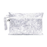 Roamio by Bumkins Wet/Dry Clutch: Disco Check features a gray & white mosaic pattern on waterproof fabric with two zippered compartments.
