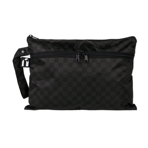 Roamio by Bumkins Wet/Dry Clutch: Rich Black features dual zippers, a handle strap, and black checkered waterproof fabric.