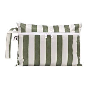 Roamio by Bumkins Wet/Dry Clutch: Clubhouse Stripe features a green & white striped waterproof pouch with two zippered compartments.