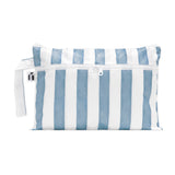Roamio by Bumkins Wet/Dry Clutch: Nautical Stripe is a zippered waterproof pouch with two compartments and a blue & white striped pattern.