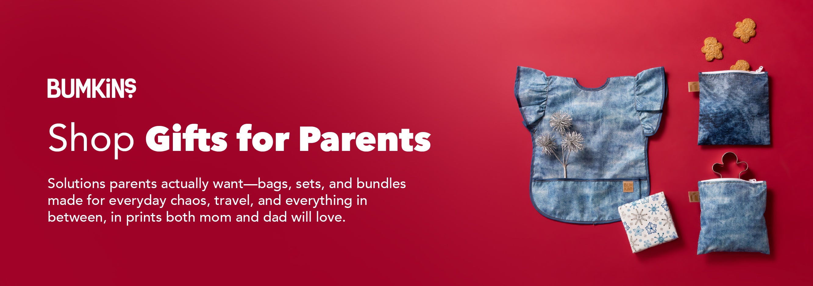 Shop gifts for parents—denim bib, floral pouch, blue pouches, and gingerbread cookies on a red background.