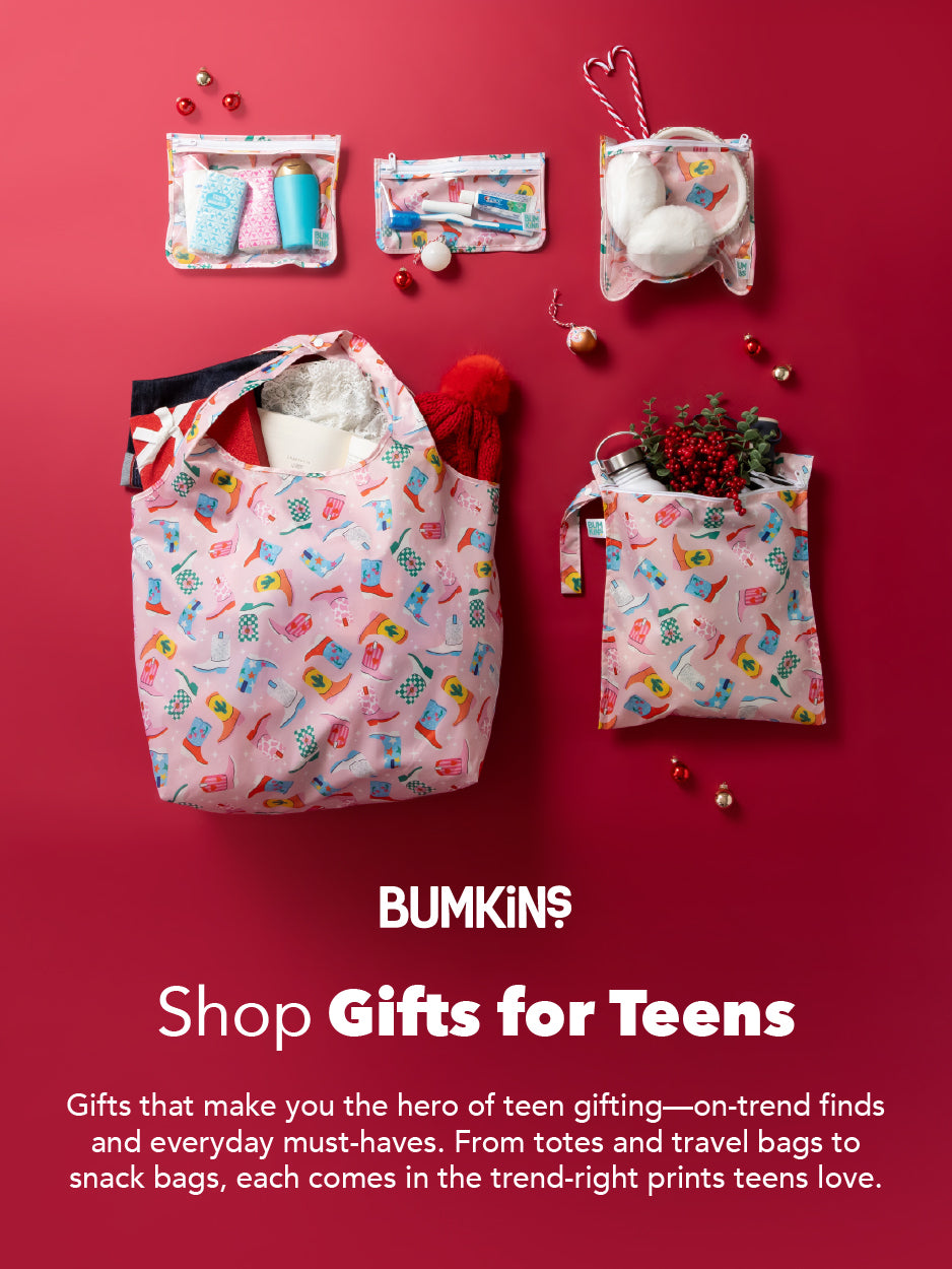 Colorful totes, travel, and snack bags with teen prints, filled with gifts, arranged on a red background with Gifts for Teens text.
