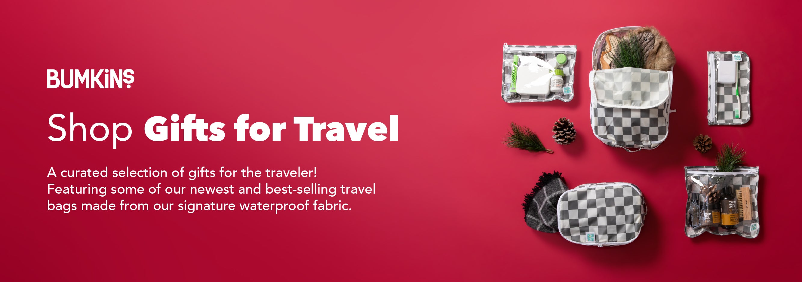 Travel gift bags and pouches on a red background with text promoting travel gifts from Bumkins.
