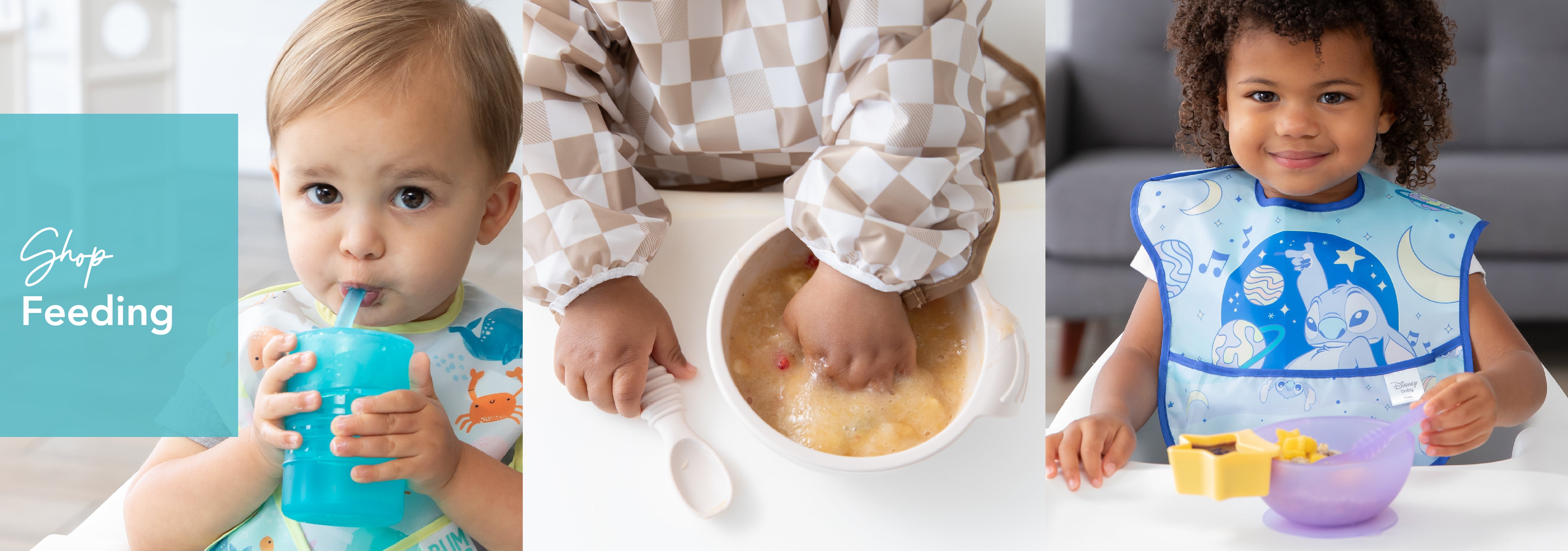 Three images of young children during mealtime. The first drinks from a blue cup with a straw, the second dips hands into a bowl of food, and the third eats from a bowl in a blue bib with animal prints. Text on the image reads Shop Feeding.