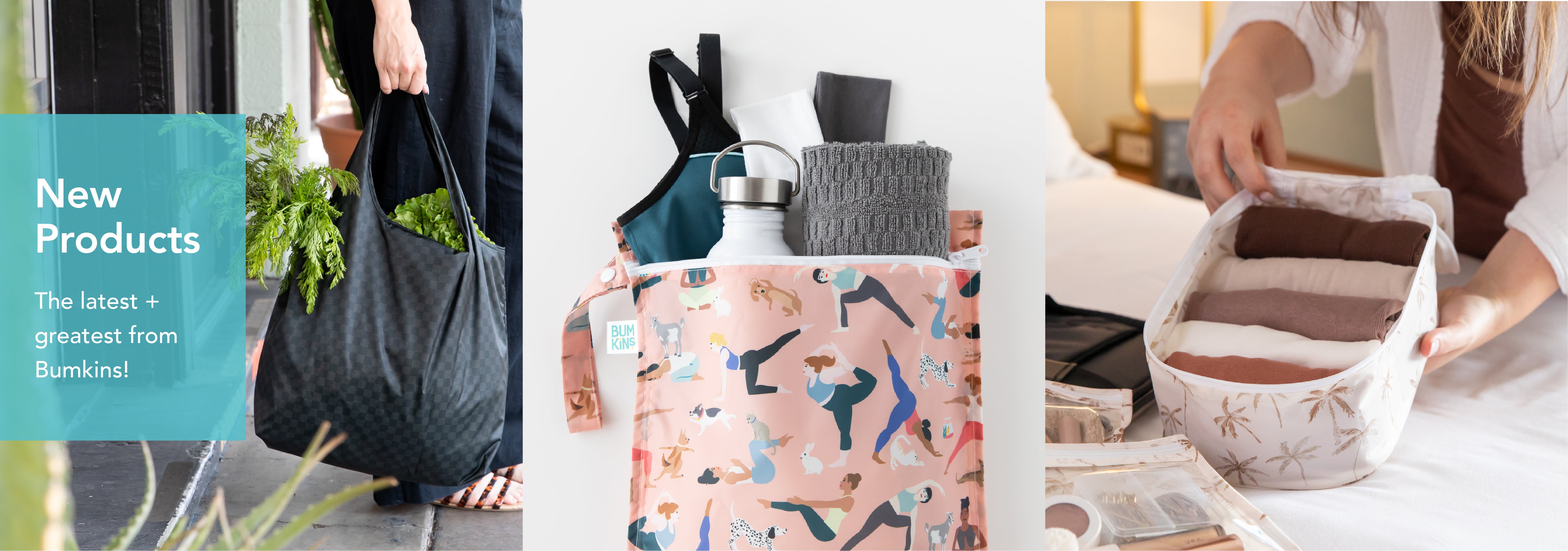 Collage of three images: a person carrying a black bag with leafy greens; a tote filled with items like a water bottle and towel featuring a playful design; a person organizing clothes in a storage bag. Text reads New Products - The latest + greatest from Bumkins!.