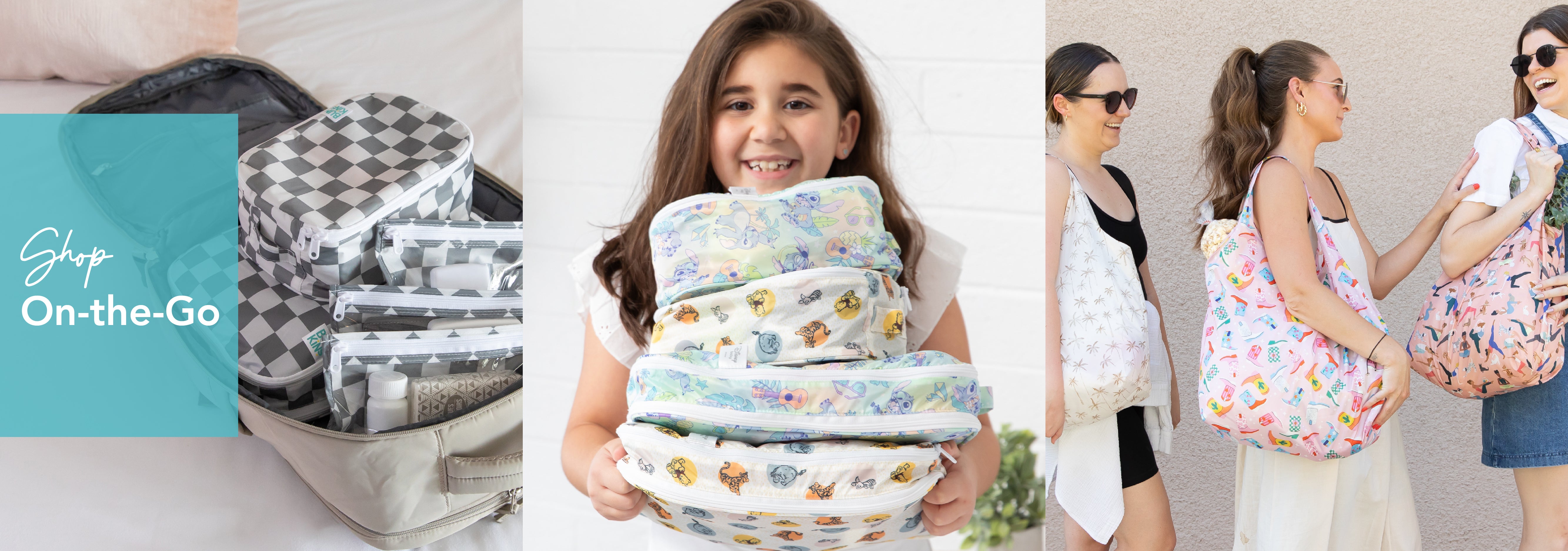 A split image: Left shows a suitcase with zipped pouches. Center features a smiling child holding colorful bags. Right depicts three women wearing sunglasses and carrying large patterned tote bags while walking outdoors. Shop On-the-Go text is visible.