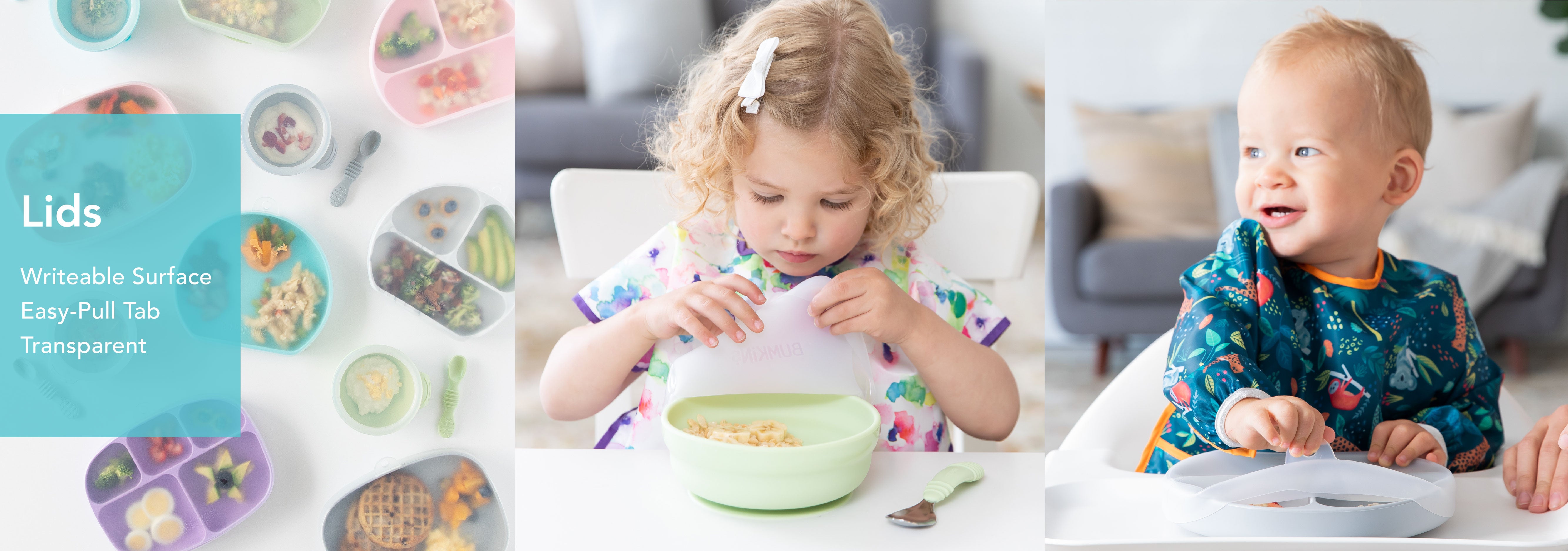 A collage shows colorful divided plates with lids on the left, a young girl eating from a bowl in the center, and a young boy smiling with a divided plate in front of him on the right.