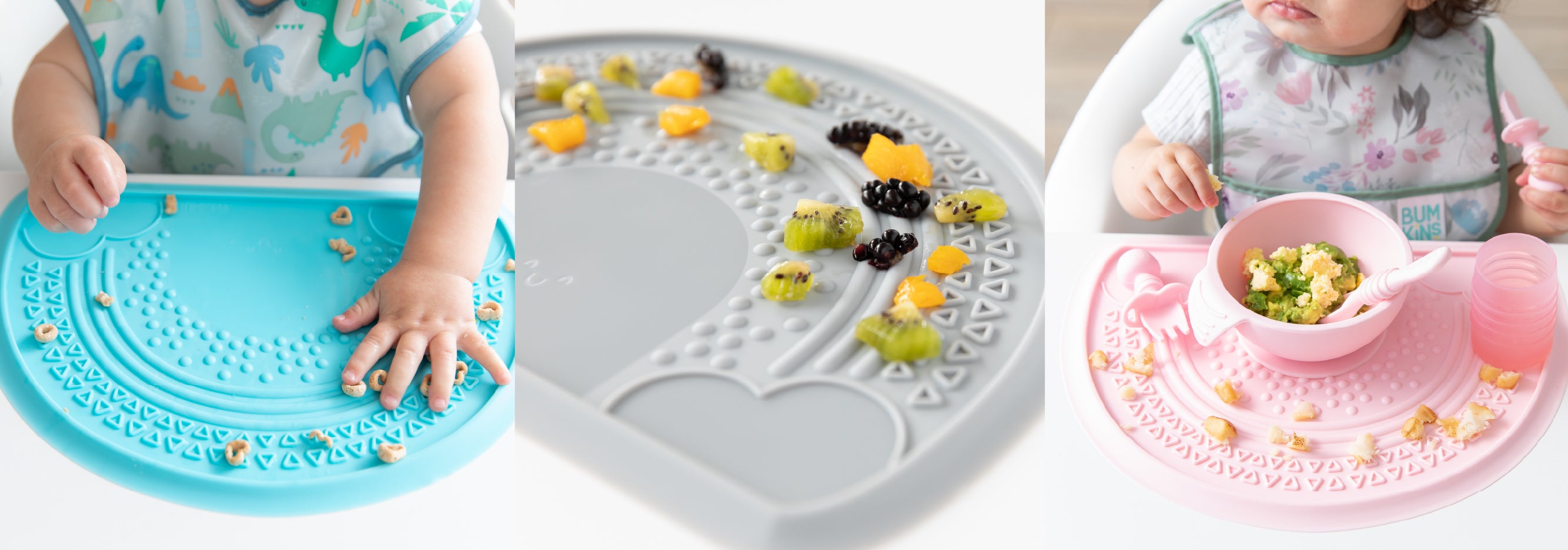Three images of babies eating foods with silicone placemats: blue, gray with fruit, and pink with a matching bowl and cup.