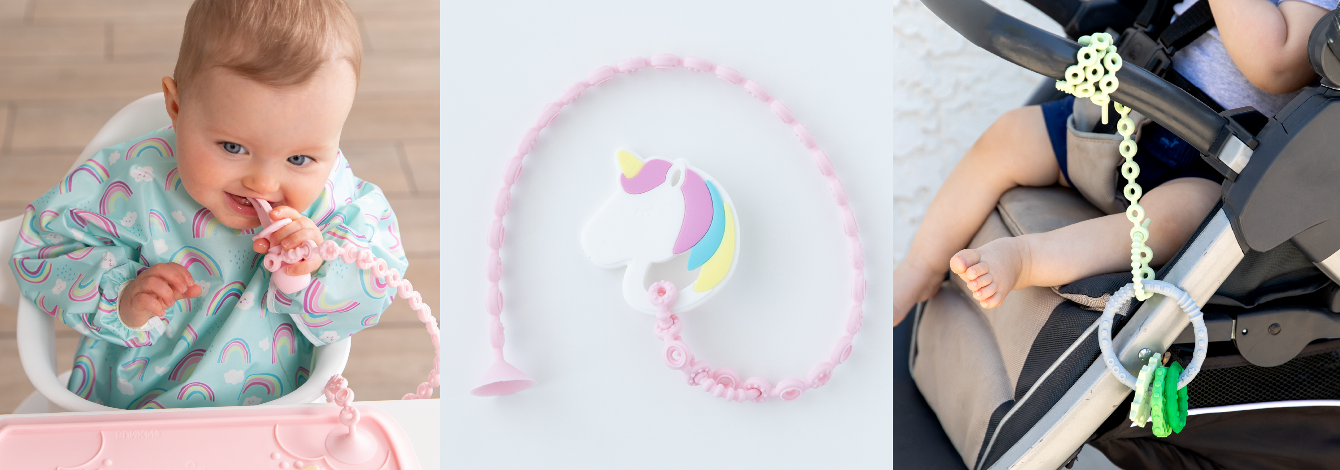 A child in a bib chews a utensil; a unicorn-shaped teether & pink tether lay on white; a green tether & teething toy attached to a stroller