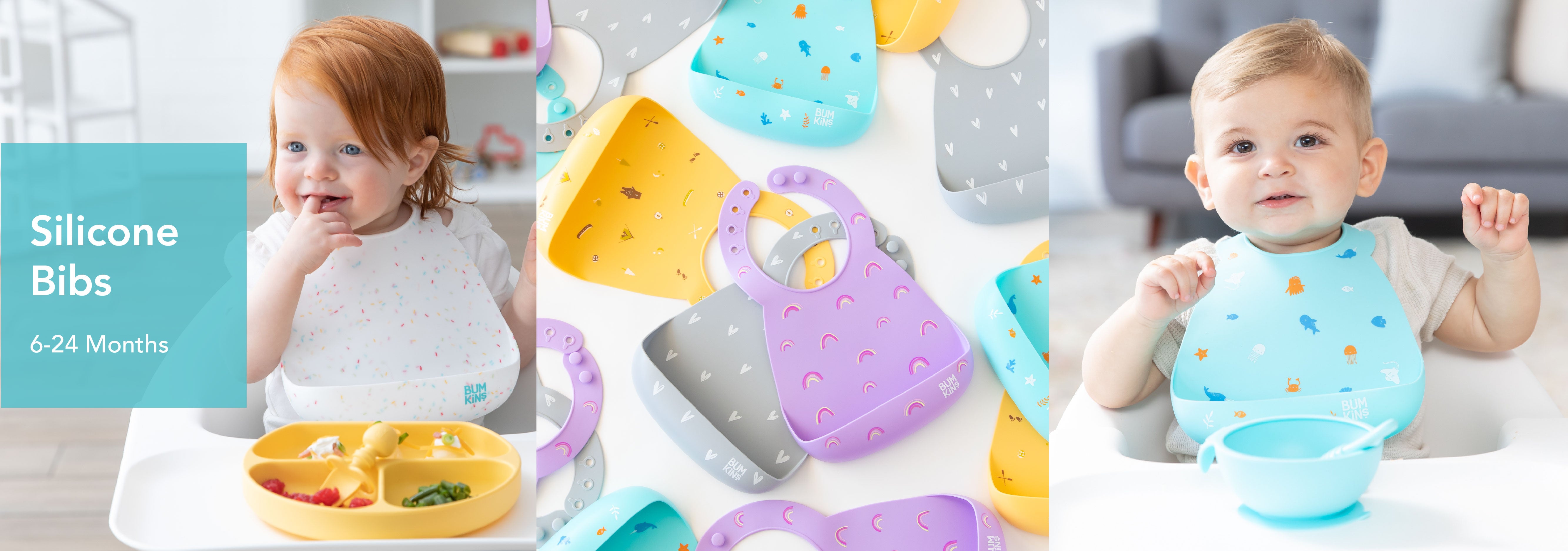 Two babies wearing bibs are eating. The left baby has red hair and a yellow plate; the right baby has light brown hair and a blue bowl. In the center are colorful silicone bibs with various patterns. Text reads Silicone Bibs 6-24 Months.