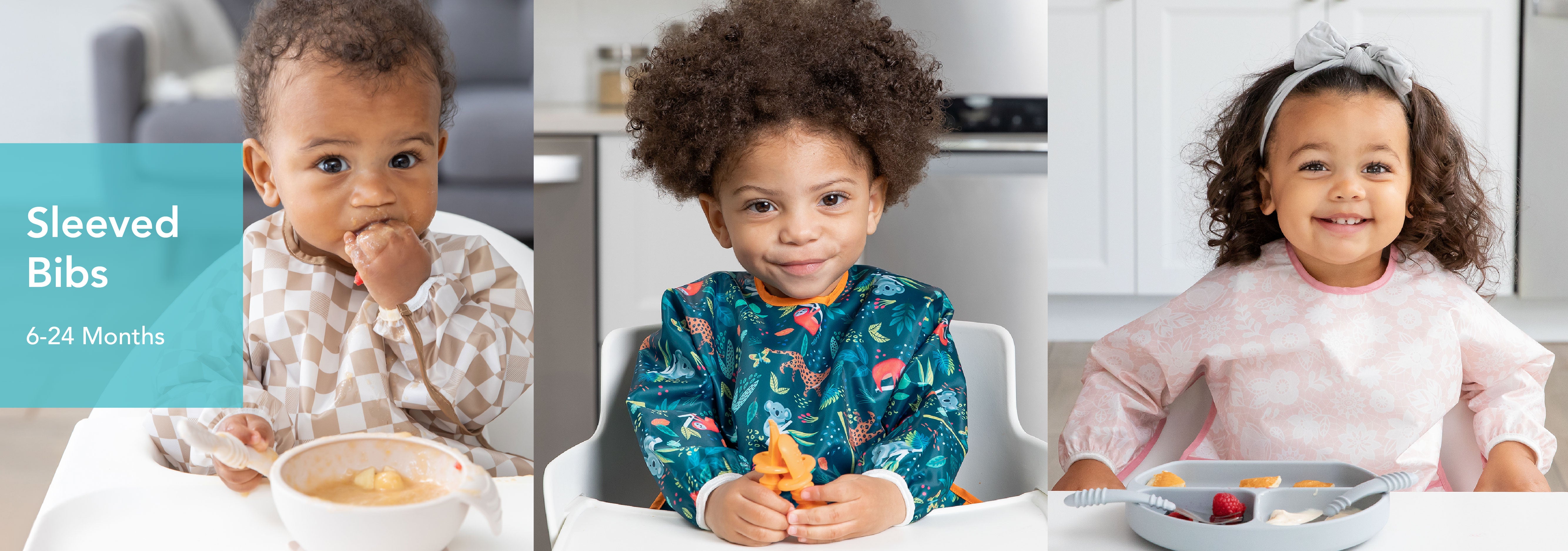 Three toddlers sit in high chairs, each wearing a different patterned sleeved bib. They are engaging with food or toys. A text overlay reads Sleeved Bibs 6-24 Months. The setting appears to be a bright kitchen.