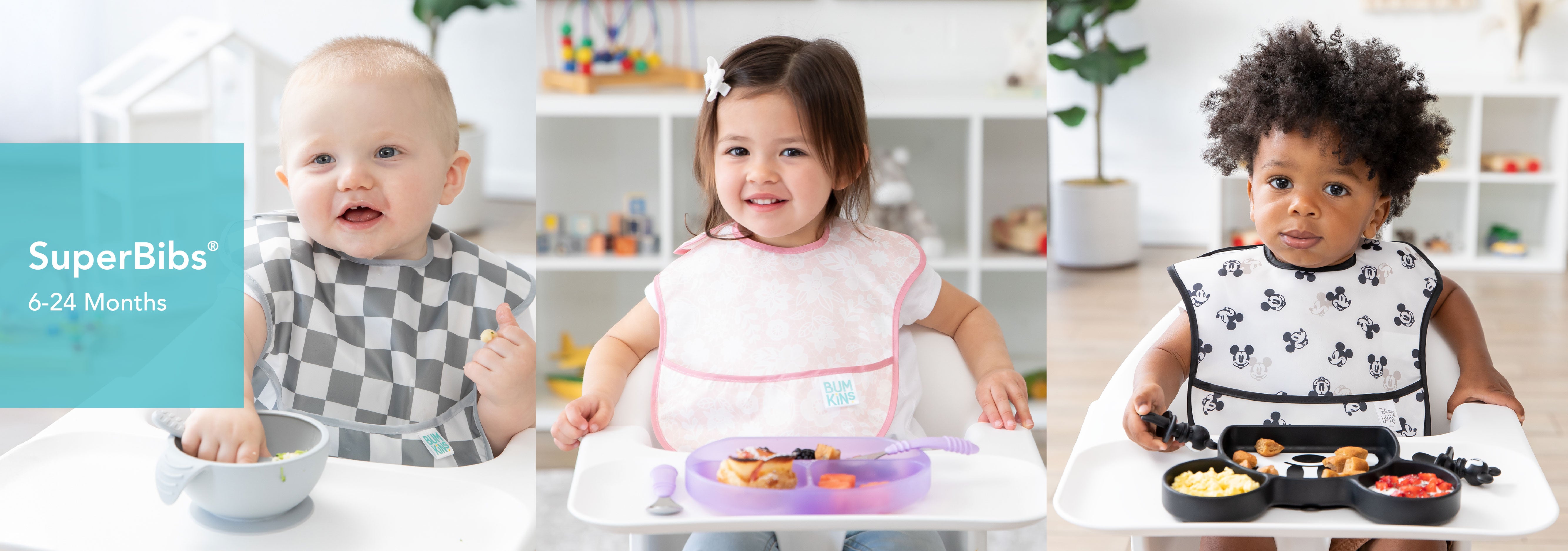 Three toddlers sit in high chairs, each wearing a bib, eating with a bowl or plate in front of them. The bibs are checkered, floral, and panda-patterned. A text overlay reads SuperBibs 6-24 Months. The background shows shelves with toys.