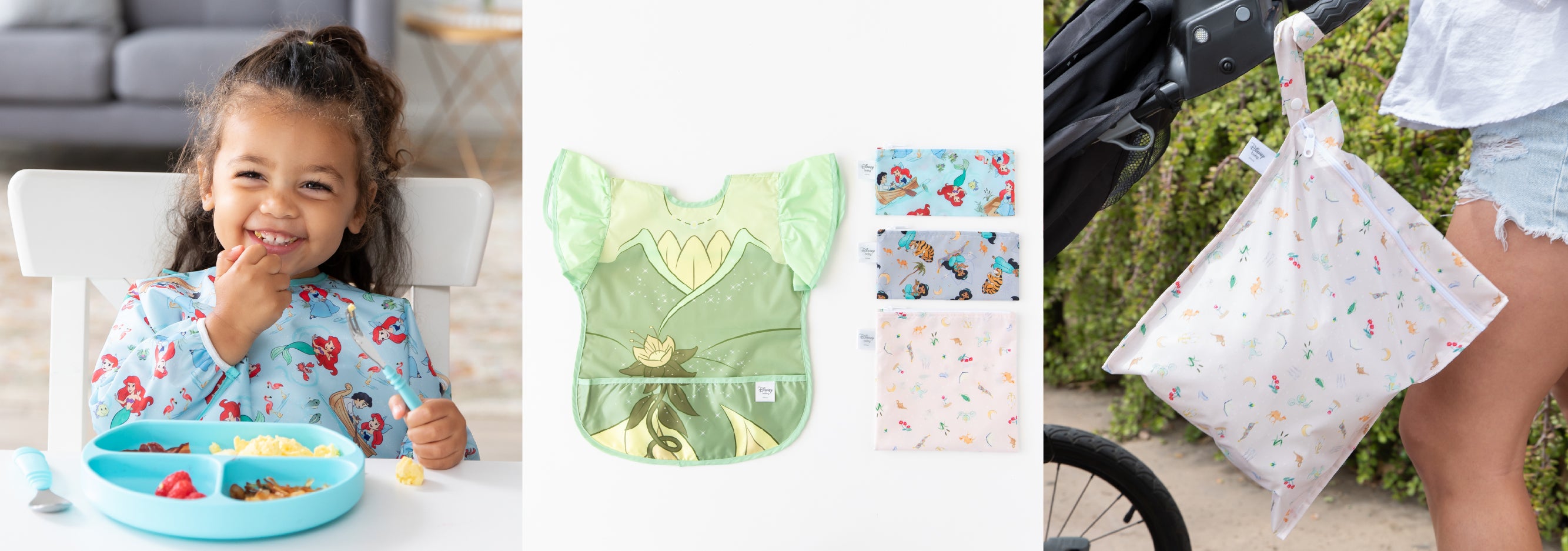 Three images: a girl eating in a bib, Disney princess bib and bags on white, and a person pushing a stroller with a pink bag.