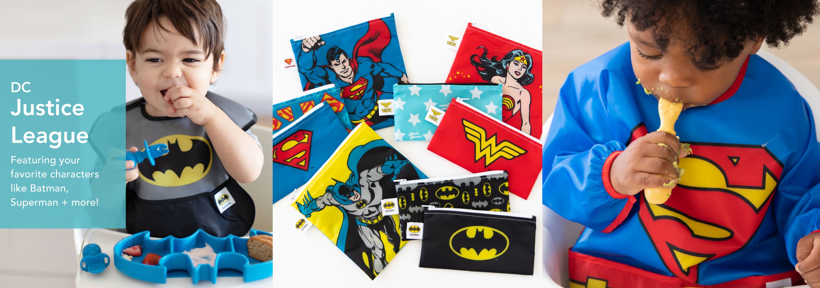 A baby in a bib plays with food next to a girl eating. Between them are superhero-themed bags with Batman, Superman, and Wonder Woman designs. Text reads DC Justice League, featuring your favorite characters like Batman, Superman + more!.