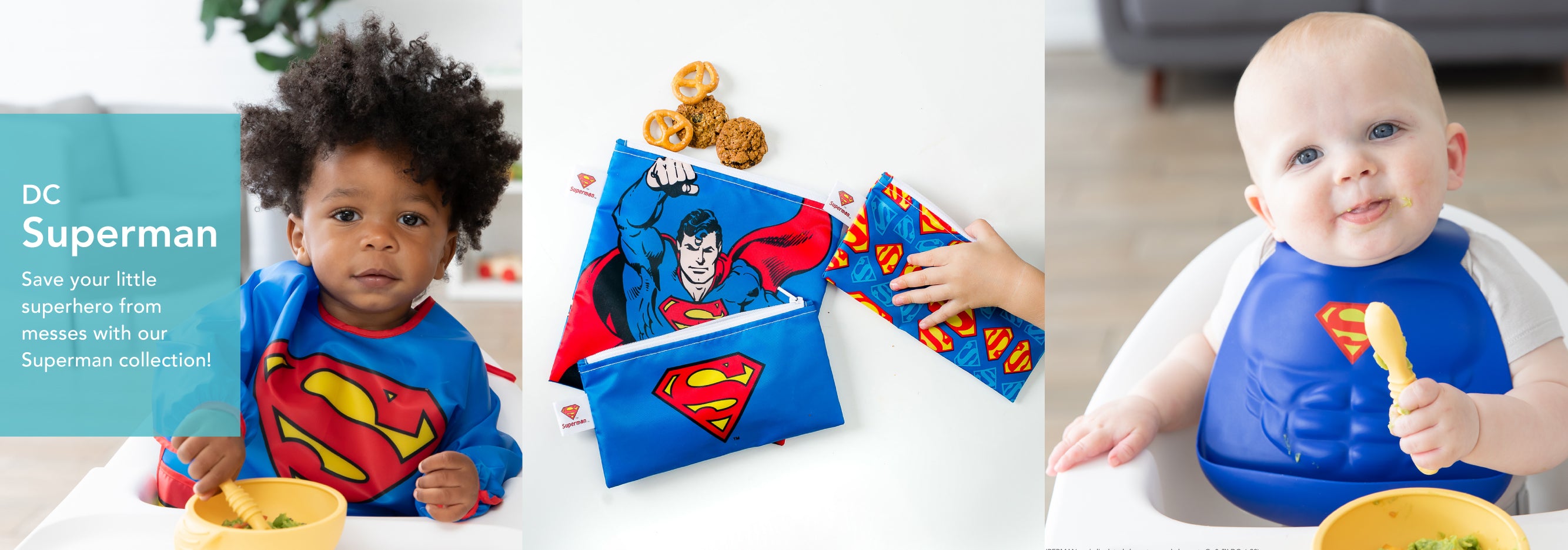 Three images promoting a Superman-themed product line for babies. A child in a Superman bib eating, Superman snack pouches surrounded by snacks, and a baby in a high chair wearing a blue bib with the Superman logo.