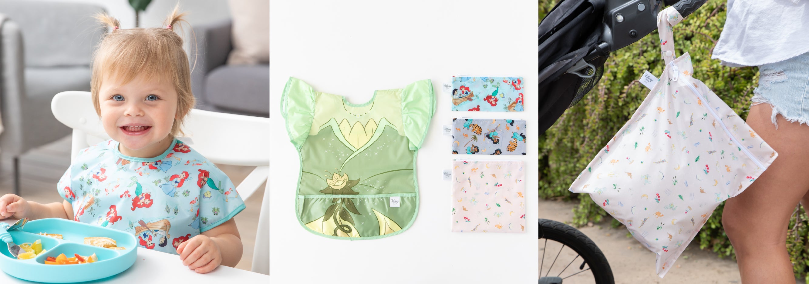 Three images: a smiling girl in a bib with a blue plate, Disney princess bib & bags on white, and a person pushing a stroller with a pink bag.