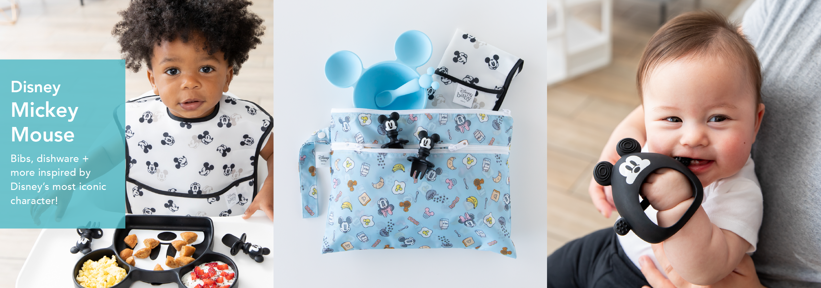 A toddler with curly hair wears a Mickey Mouse bib and eats from a plate. A Mickey-themed set of dishware and pouches is displayed in the center. On the right, a baby holds a Mickey teether, smiling. Text reads, Disney Mickey Mouse: bibs, dishware + more.