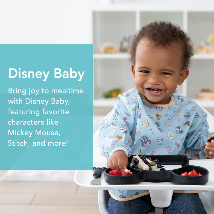 A smiling baby sits in a highchair, wearing a blue bib with Disney characters. They are eating from a Mickey Mouse-shaped plate with a fork. Text on the image promotes Disney Baby products, mentioning characters like Mickey Mouse and Stitch.