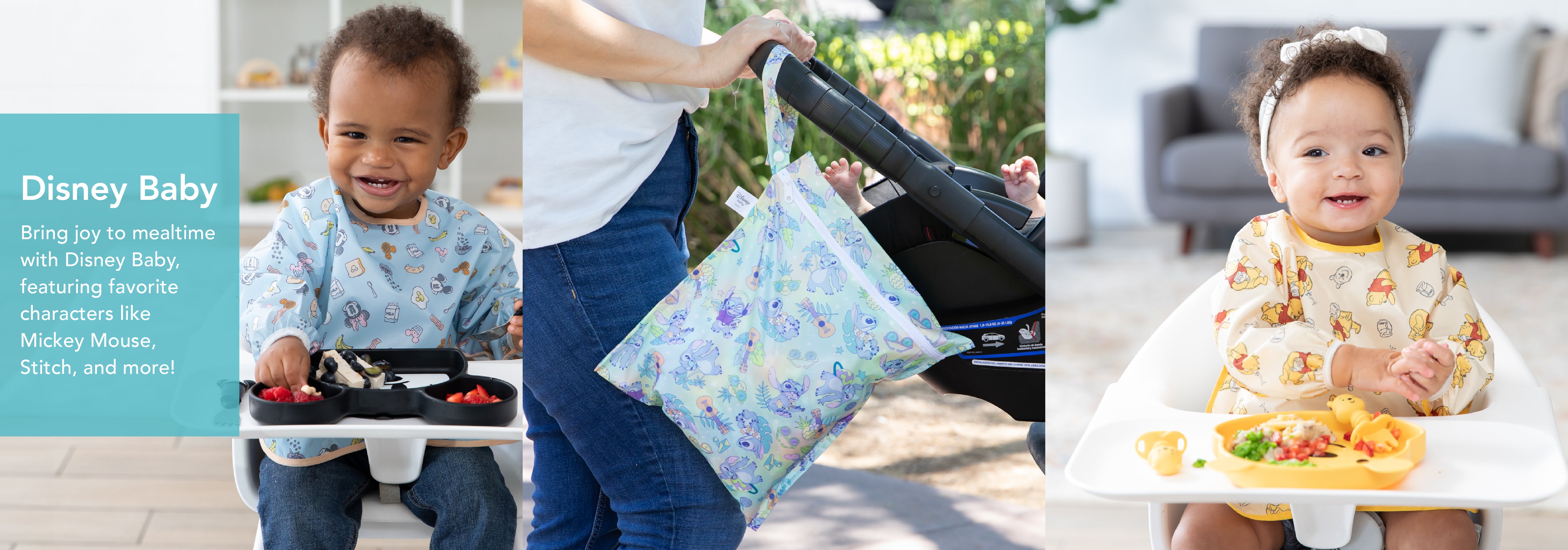 Three photos showcase Disney Baby products: A toddler in a high chair with Mickey Mouse attire enjoying snacks; a stroller with a Disney-themed accessory bag; a baby in a high chair wearing a bib decorated with Disney characters.