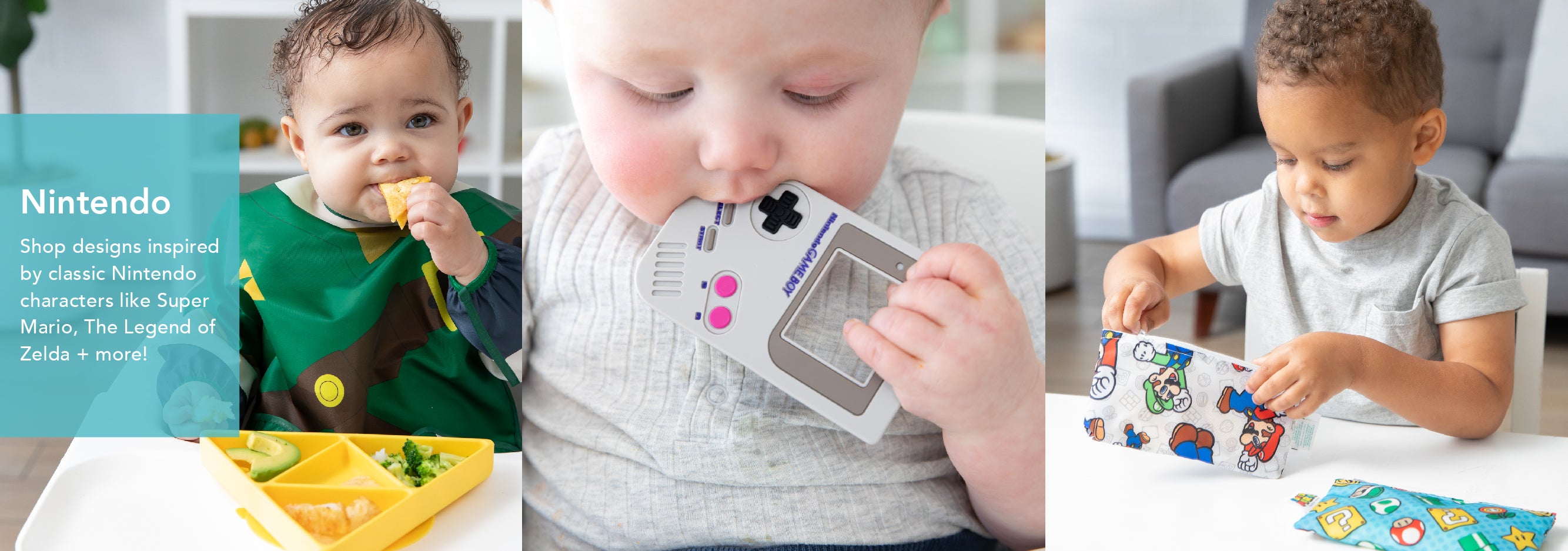 Three children are depicted: the first wearing a bib and eating, the second biting a game console toy, and the third using a Mario-themed tablet. A caption highlights designs inspired by classic Nintendo games.