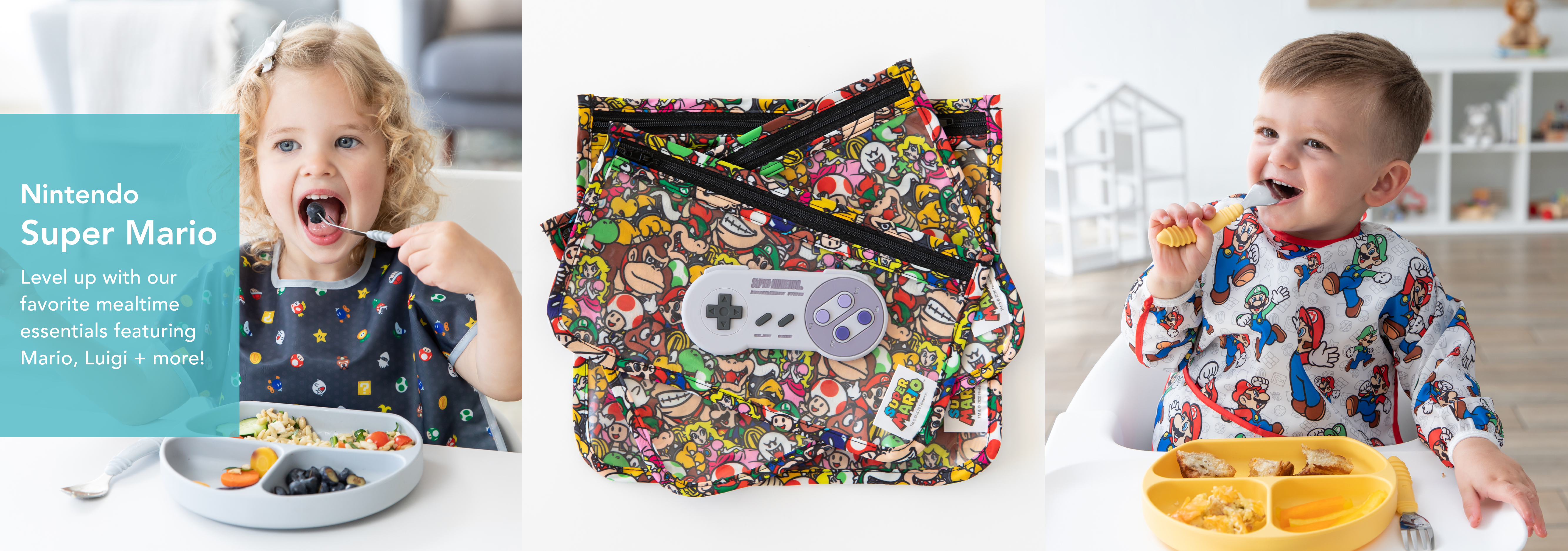 Children enjoying meals with colorful Nintendo-themed bibs and a bag featuring Super Mario characters. The setup includes playful designs with game controller motifs, creating a fun dining experience.