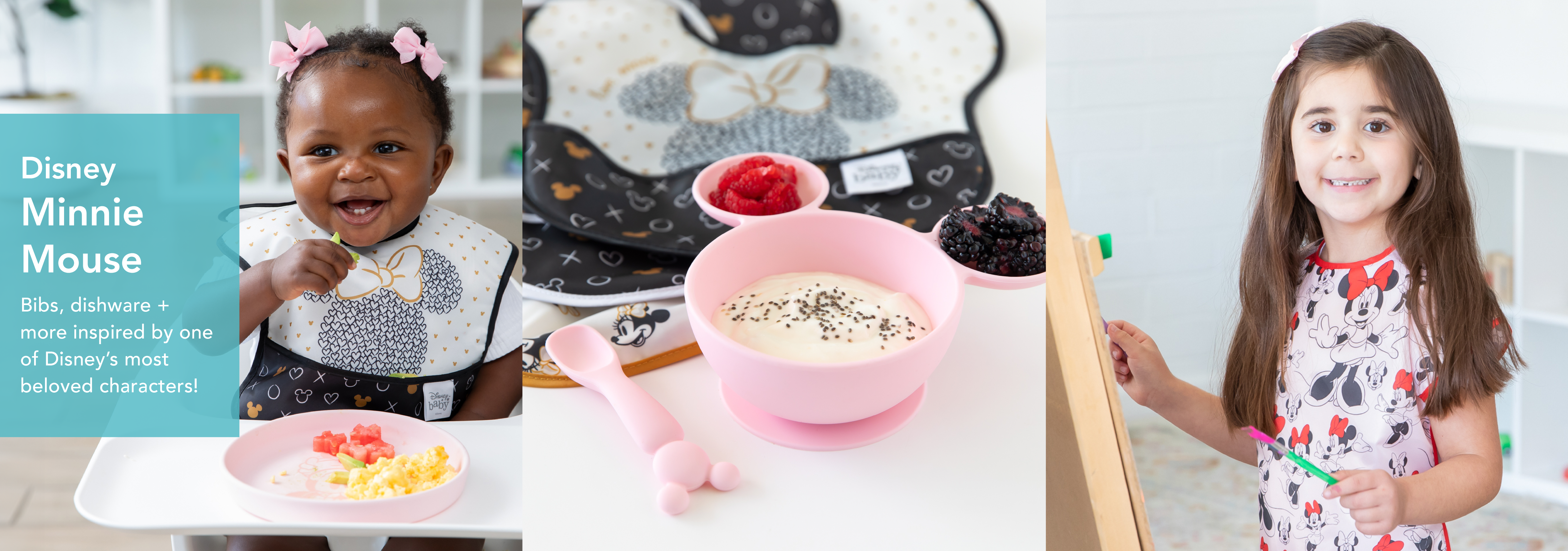 Three children enjoying Disney Minnie Mouse themed products. A baby with a Minnie Mouse bib eats in a high chair, a table setting features a Minnie bowl with snacks, and a girl in a Minnie shirt draws on an easel.