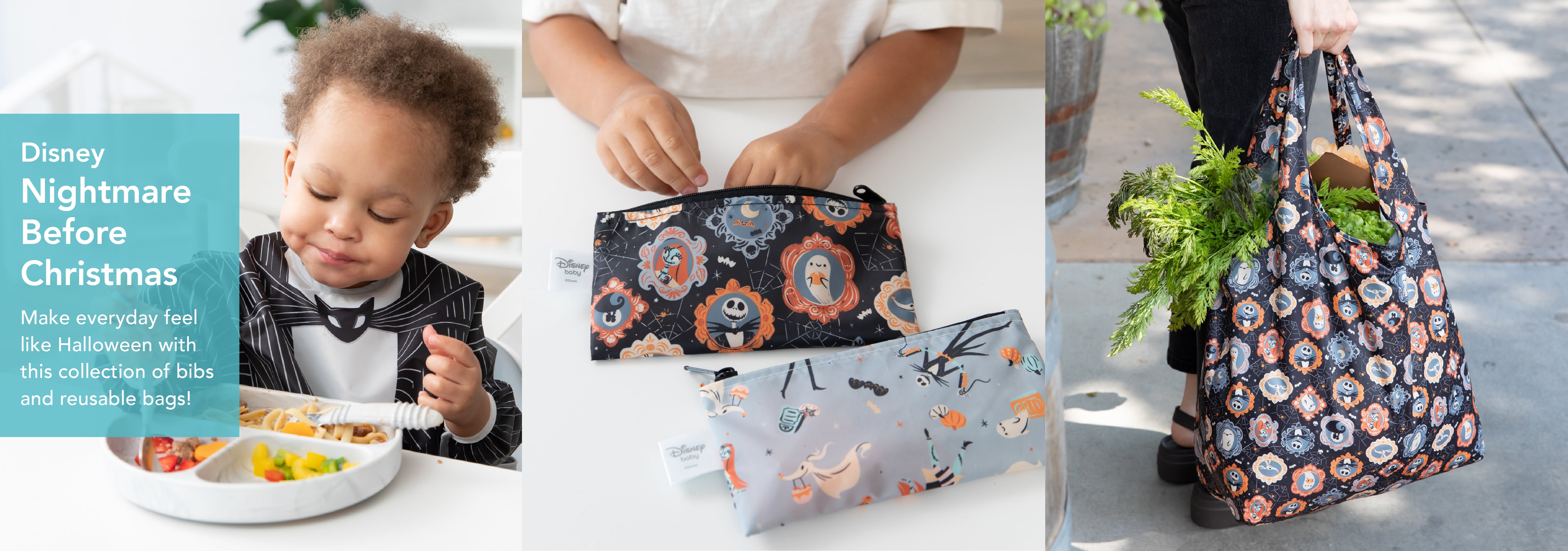 A child in a black and white outfit eats from a bowl. Next to them, pencil pouches feature Disneys Nightmare Before Christmas design. Another image shows a person holding a matching reusable bag filled with greens. Text promotes the collection.