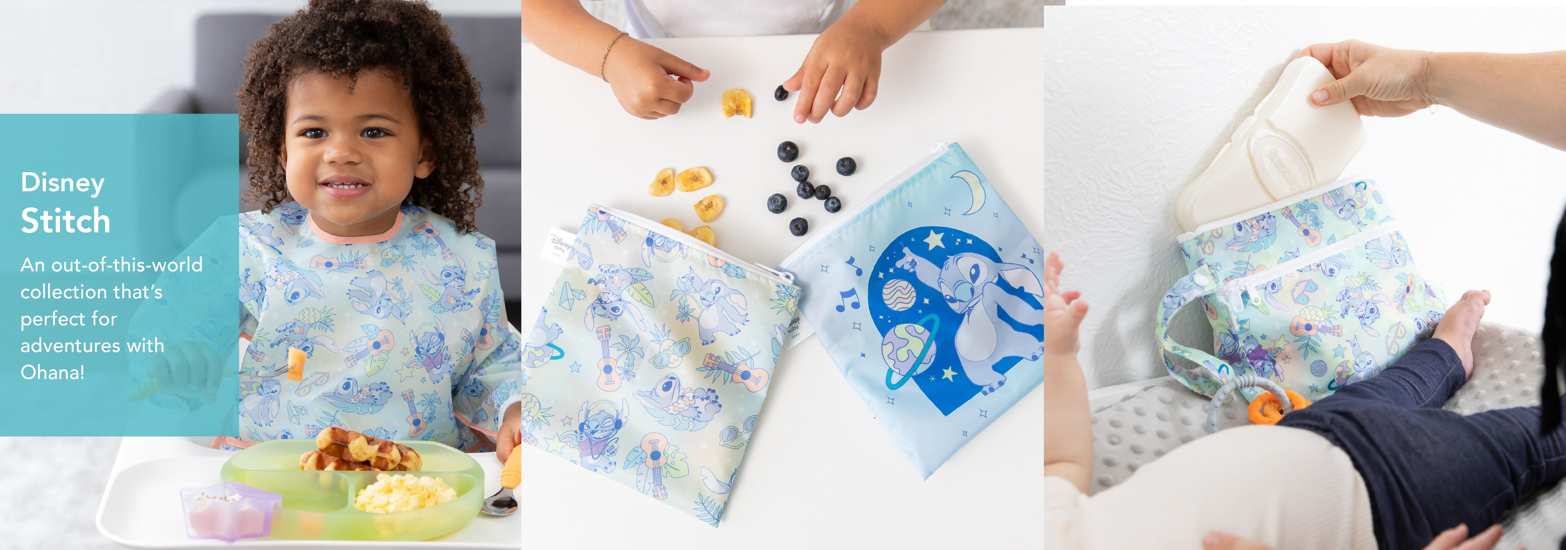 A happy child wearing a bib with Disneys Stitch design sits at a table with food. Beside them, snack bags with Stitch patterns are shown. A hand places a bottle into one of the bags. Text reads: Disney Stitch: An out-of-this-world collection...